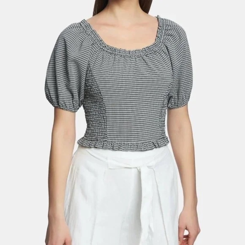 1 State prairie puff sleeve milkmaid blouse plaid gingham country preppy smocked - Picture 6 of 6